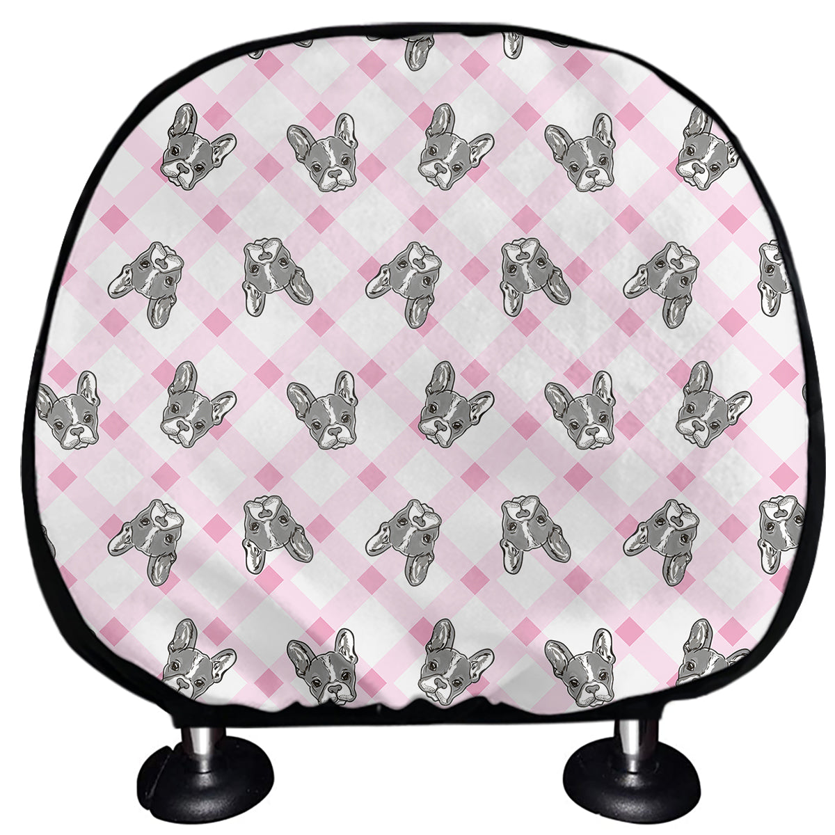 Pink Boston Terrier Plaid Print Car Headrest Covers