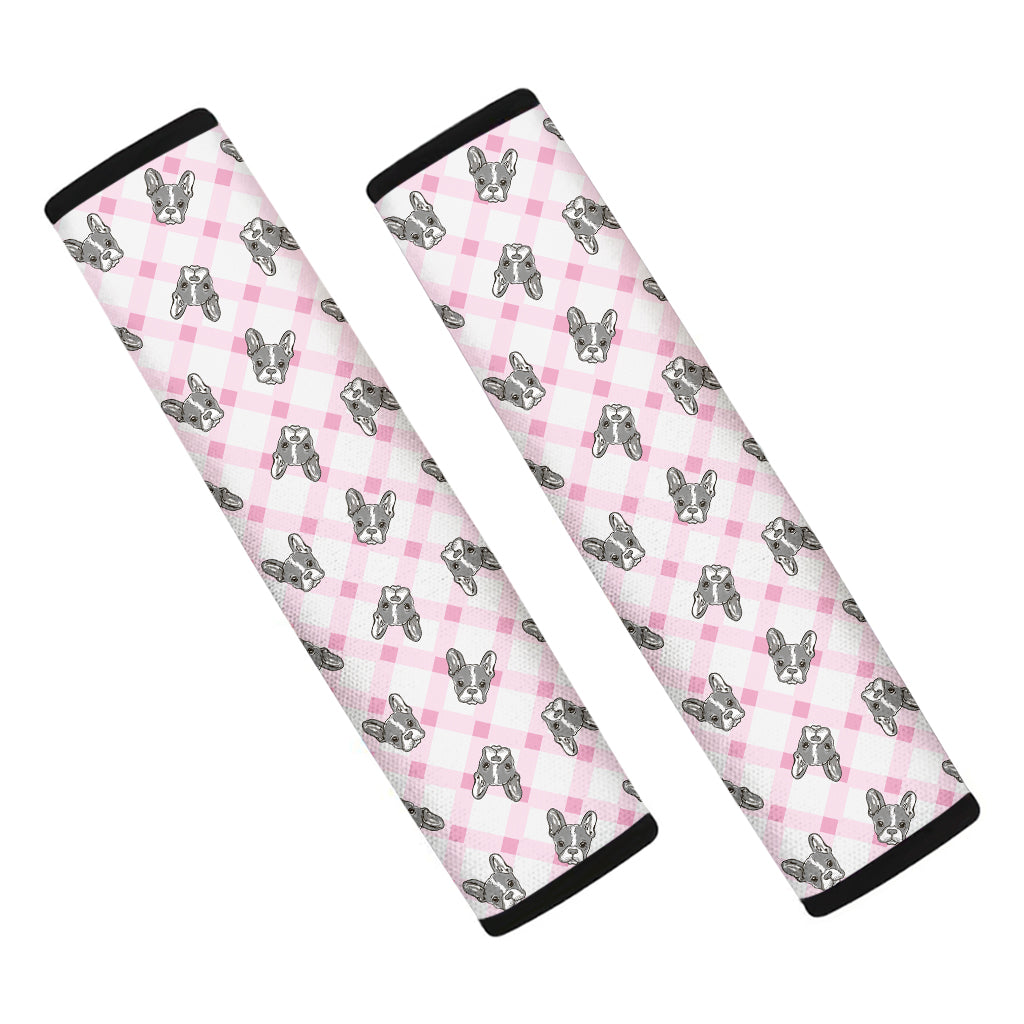 Pink Boston Terrier Plaid Print Car Seat Belt Covers