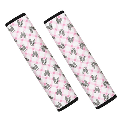 Pink Boston Terrier Plaid Print Car Seat Belt Covers
