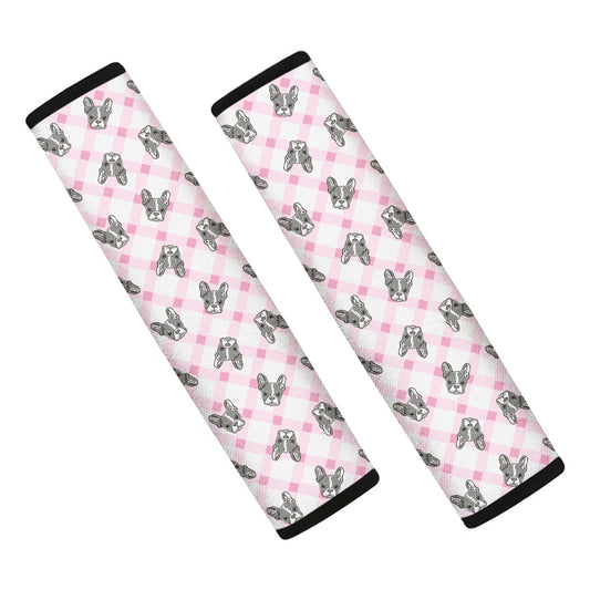 Pink Boston Terrier Plaid Print Car Seat Belt Covers
