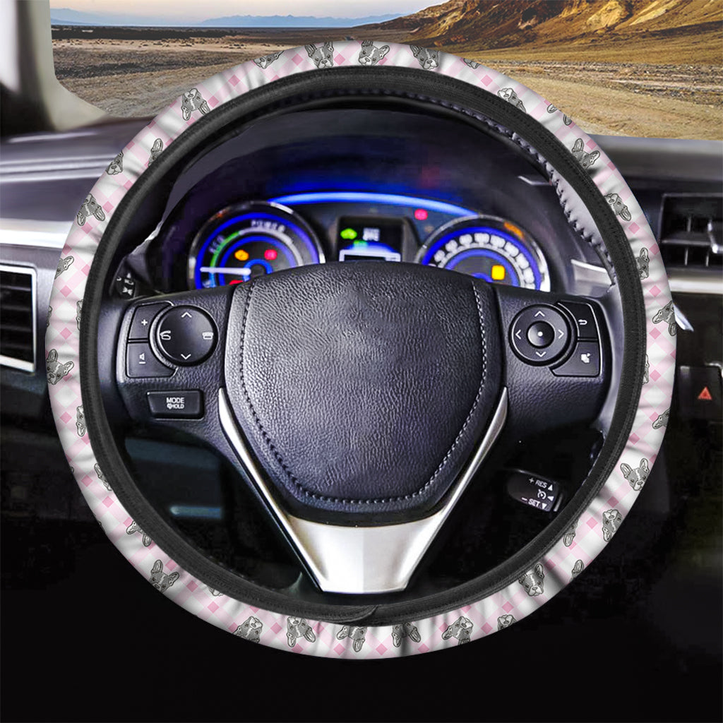 Pink Boston Terrier Plaid Print Car Steering Wheel Cover