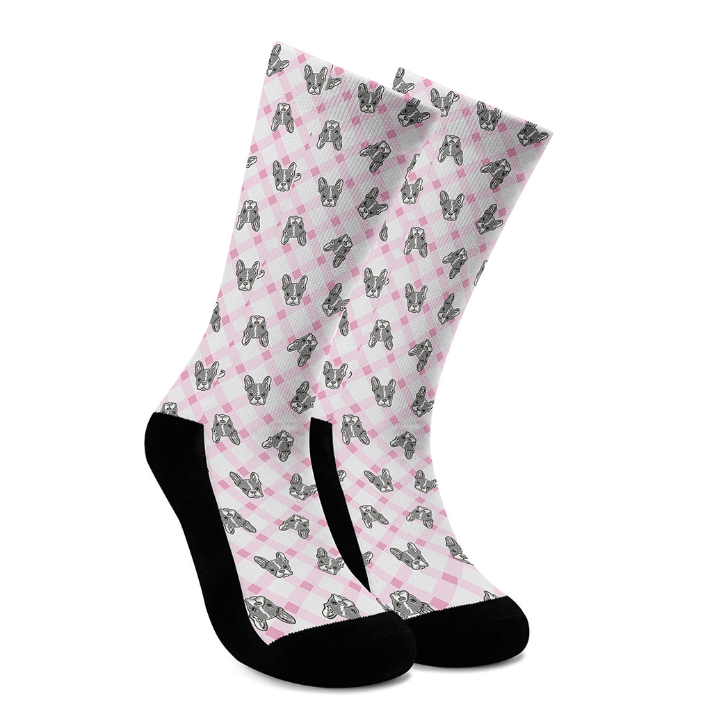 Pink Boston Terrier Plaid Print Crew Socks