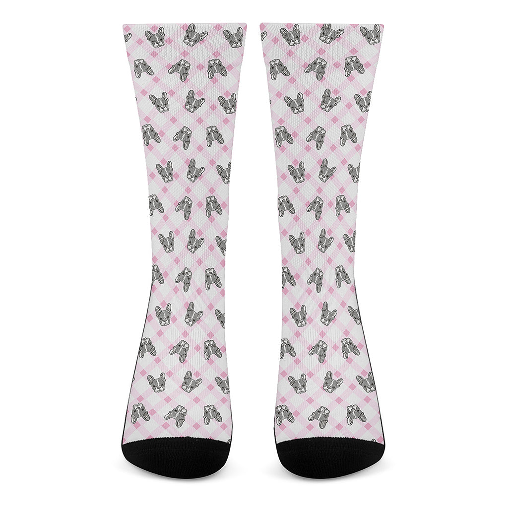 Pink Boston Terrier Plaid Print Crew Socks