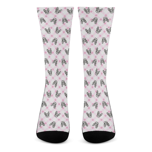 Pink Boston Terrier Plaid Print Crew Socks