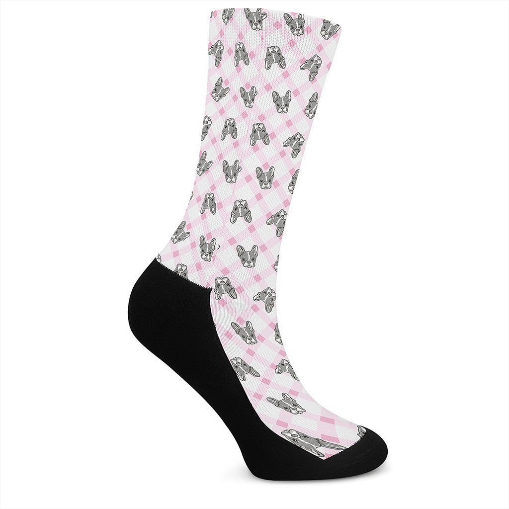 Pink Boston Terrier Plaid Print Crew Socks