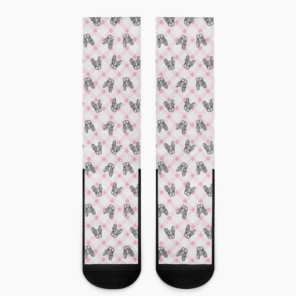 Pink Boston Terrier Plaid Print Crew Socks