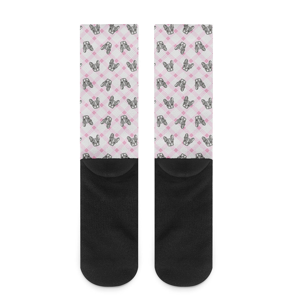 Pink Boston Terrier Plaid Print Crew Socks