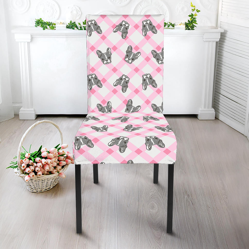 Pink Boston Terrier Plaid Print Dining Chair Slipcover