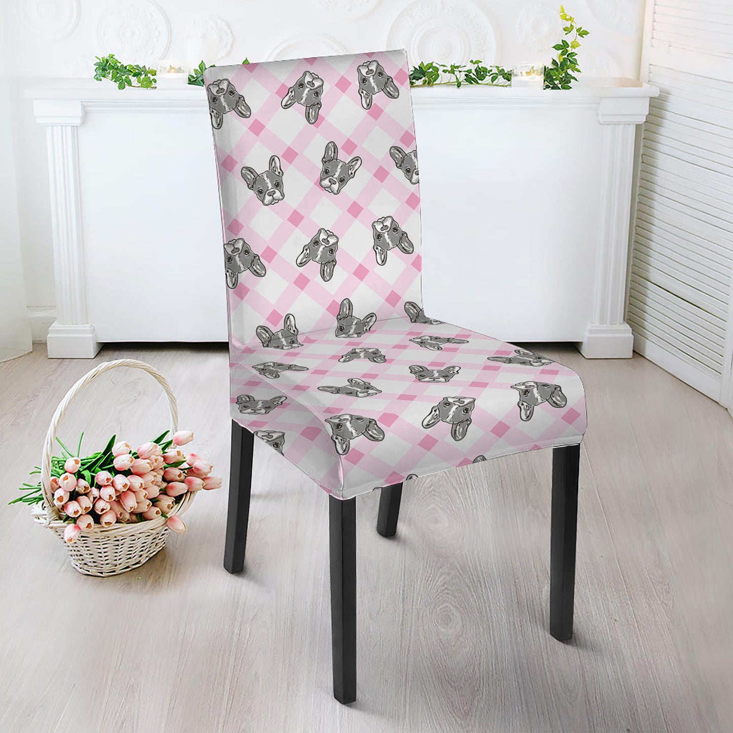 Pink Boston Terrier Plaid Print Dining Chair Slipcover