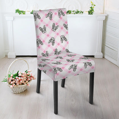 Pink Boston Terrier Plaid Print Dining Chair Slipcover