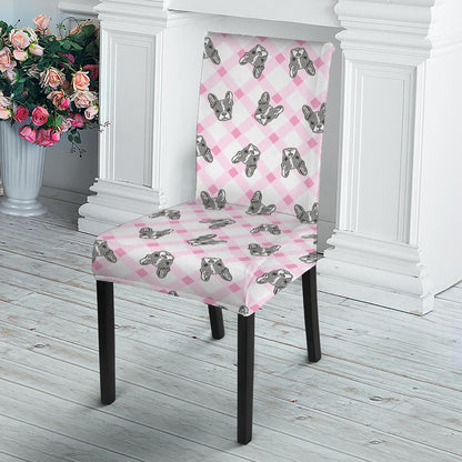 Pink Boston Terrier Plaid Print Dining Chair Slipcover
