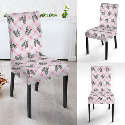 Pink Boston Terrier Plaid Print Dining Chair Slipcover