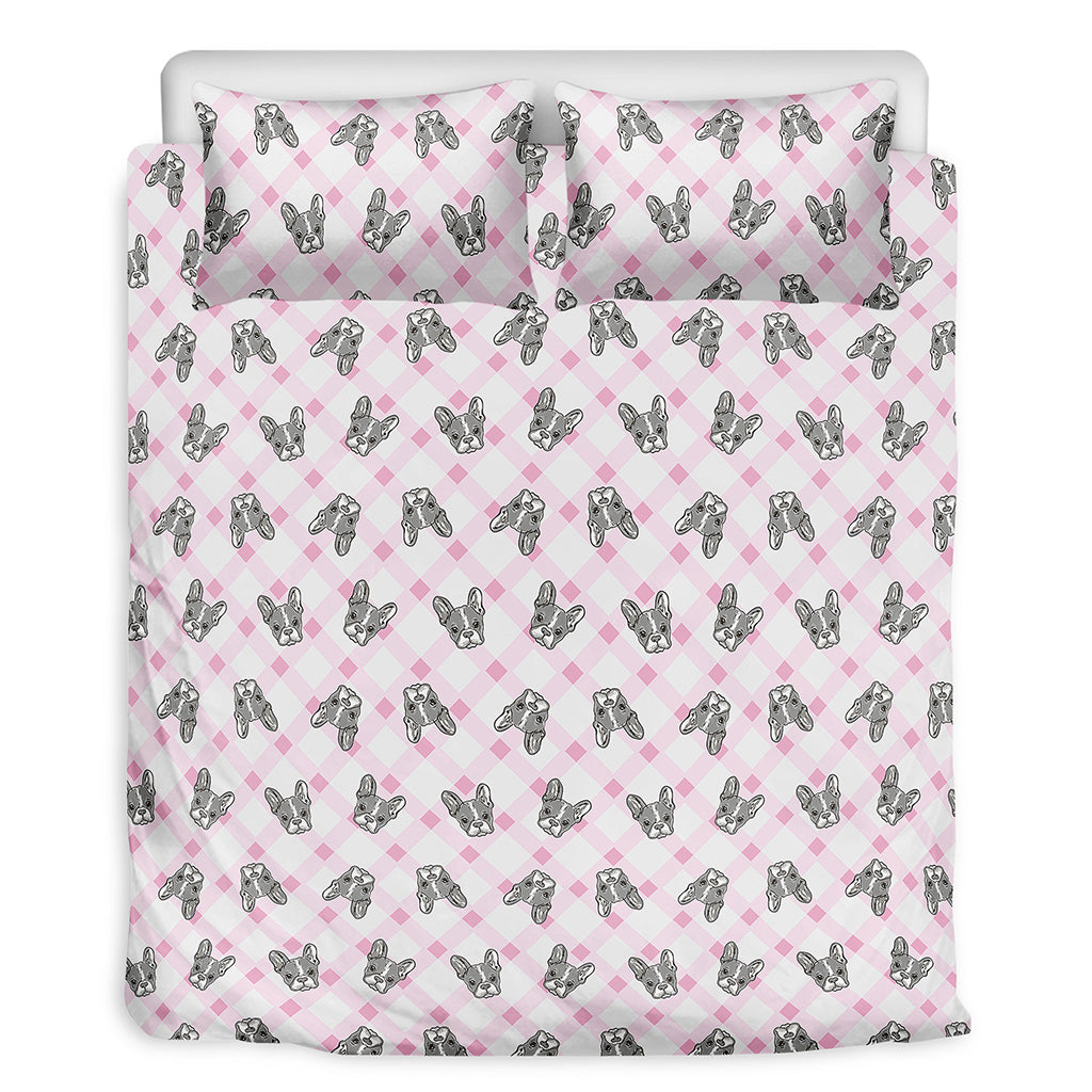 Pink Boston Terrier Plaid Print Duvet Cover Bedding Set