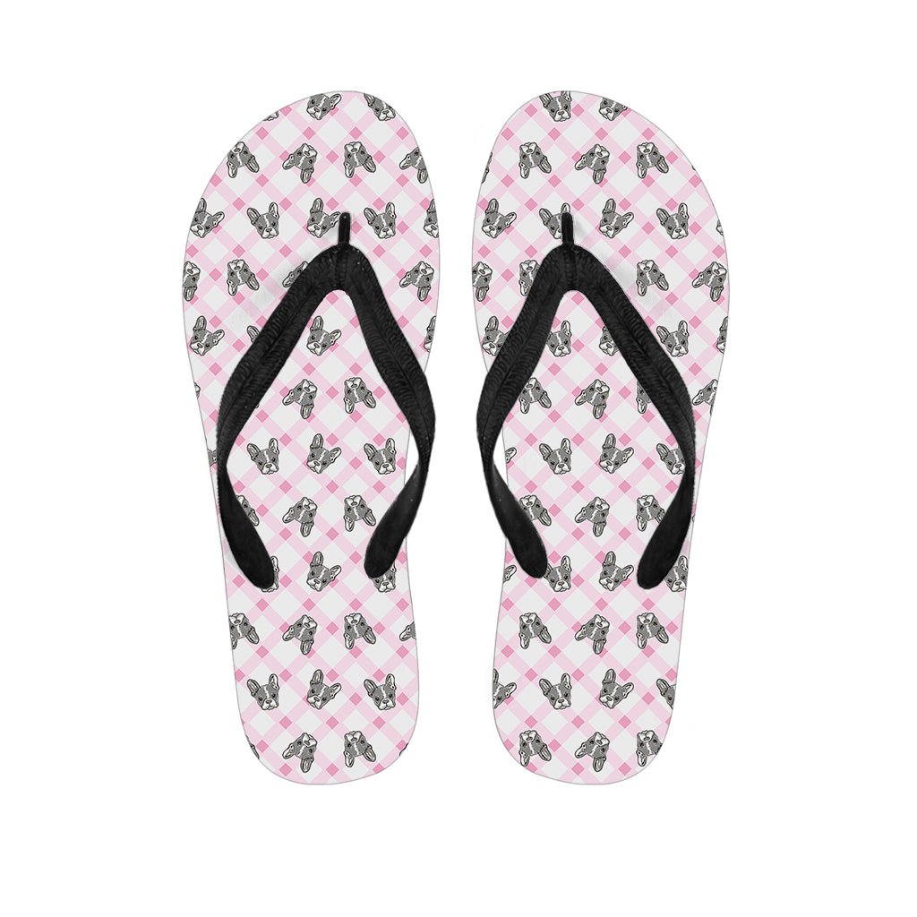Pink Boston Terrier Plaid Print Flip Flops