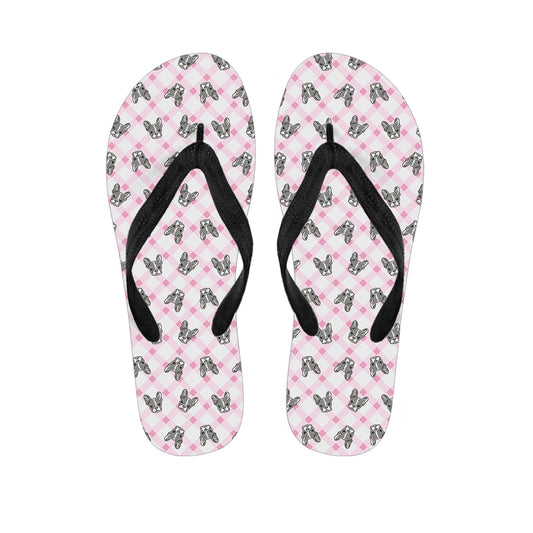 Pink Boston Terrier Plaid Print Flip Flops