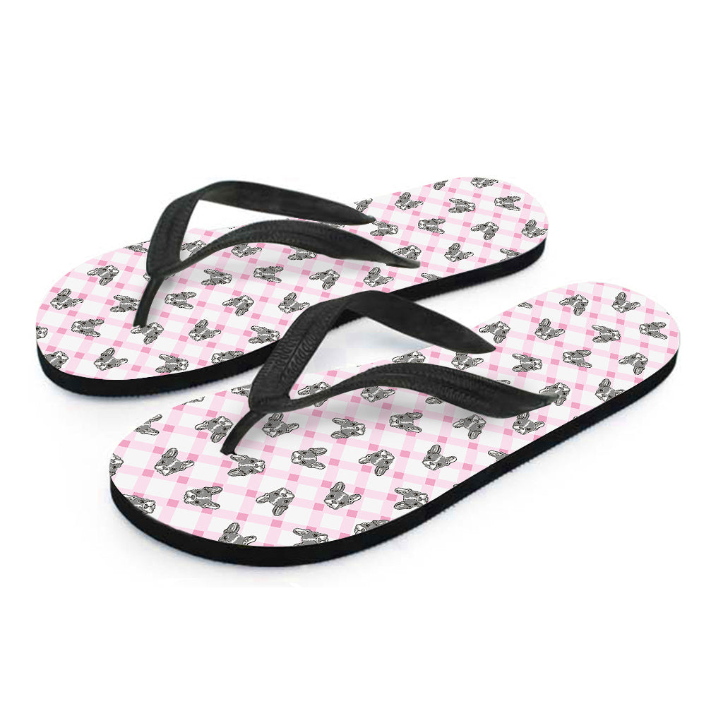 Pink Boston Terrier Plaid Print Flip Flops