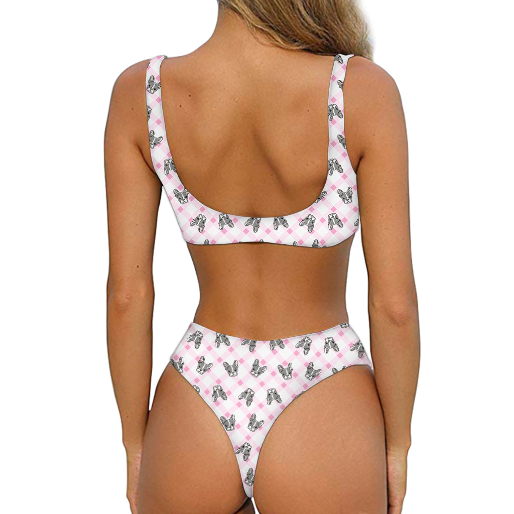 Pink Boston Terrier Plaid Print Front Bow Tie Bikini