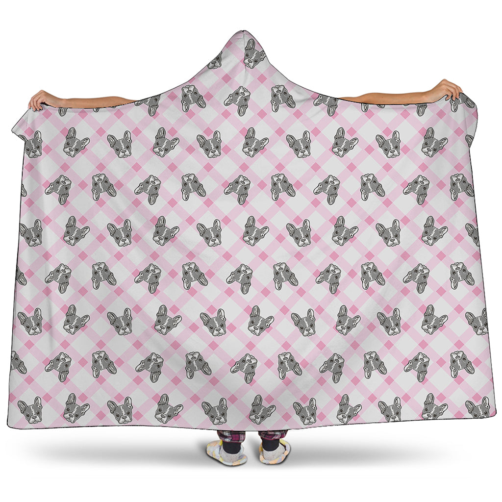 Pink Boston Terrier Plaid Print Hooded Blanket