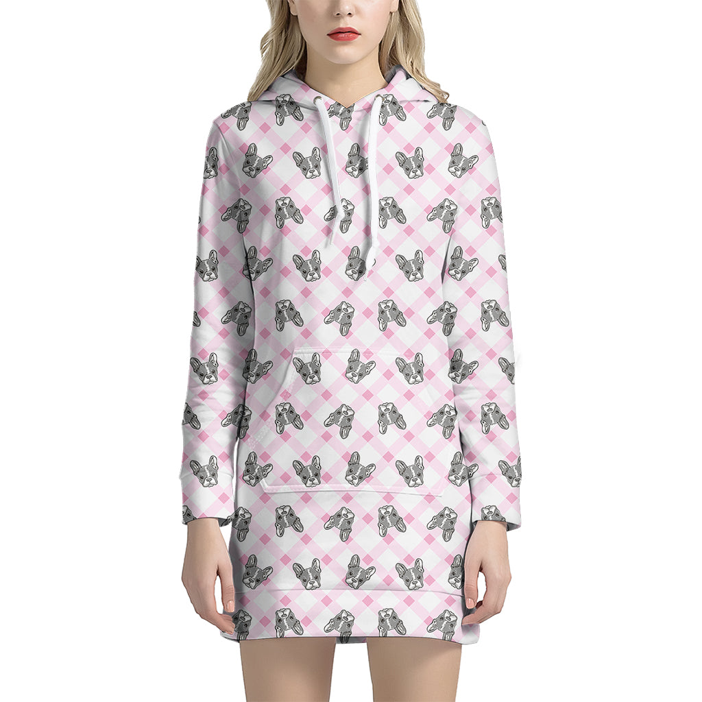 Pink Boston Terrier Plaid Print Hoodie Dress