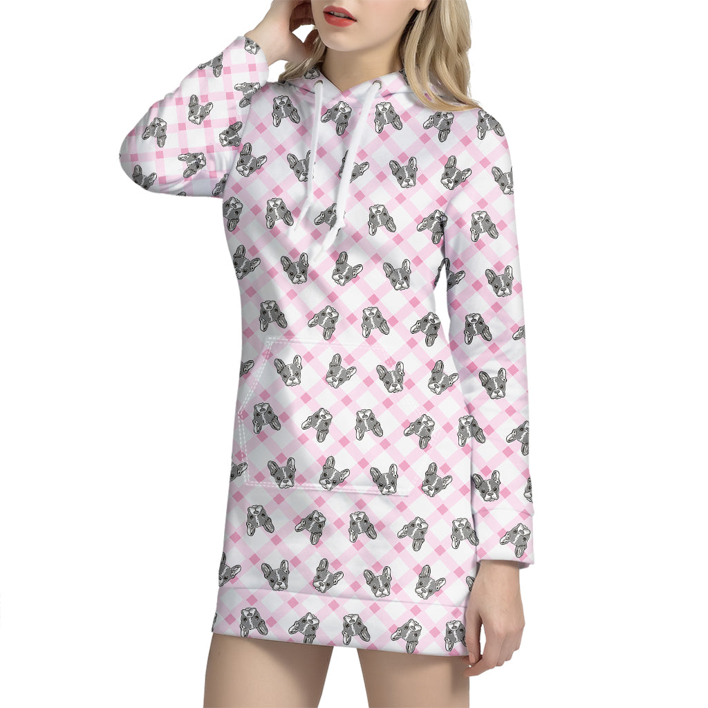 Pink Boston Terrier Plaid Print Hoodie Dress