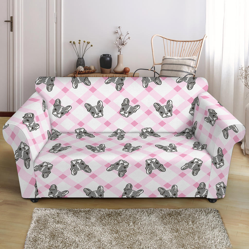Pink Boston Terrier Plaid Print Loveseat Slipcover