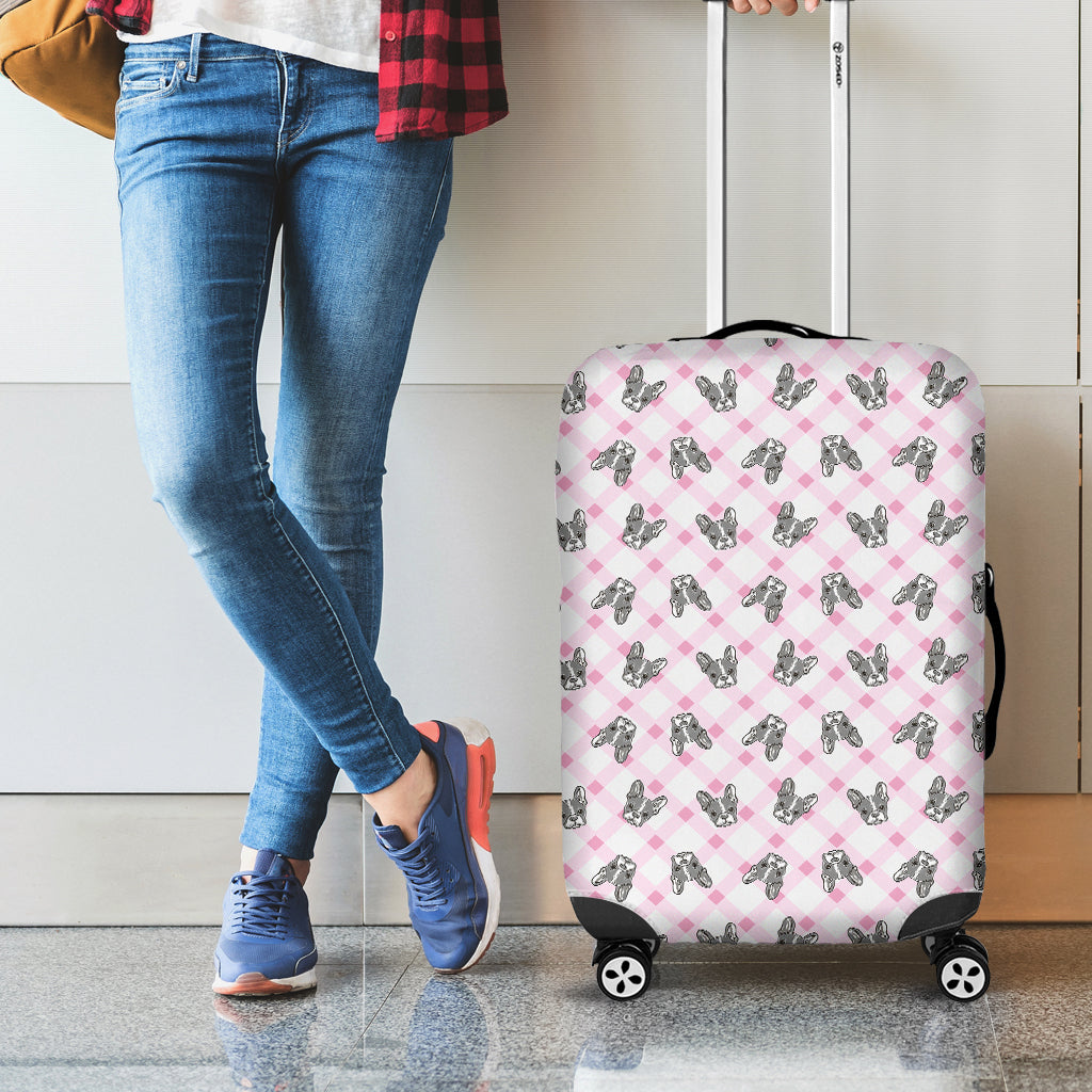 Pink Boston Terrier Plaid Print Luggage Cover
