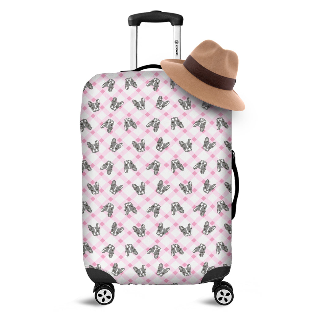 Pink Boston Terrier Plaid Print Luggage Cover