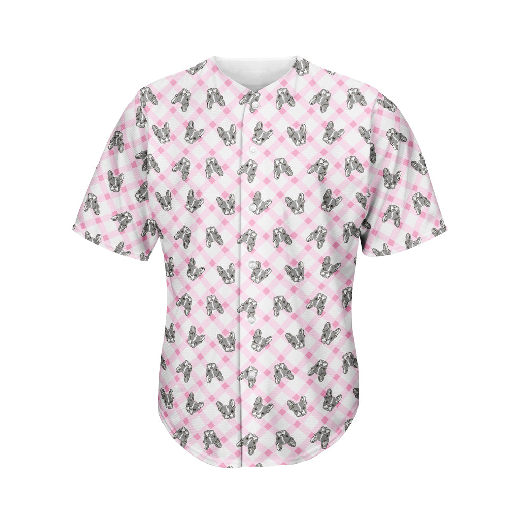 Pink Boston Terrier Plaid Print Men's Baseball Jersey