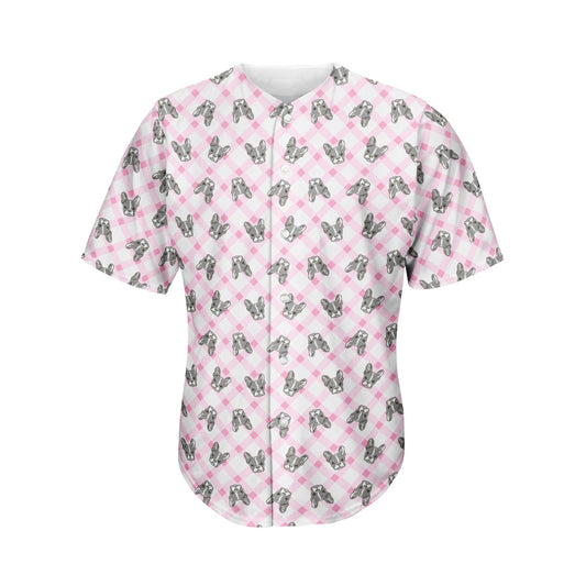 Pink Boston Terrier Plaid Print Men's Baseball Jersey