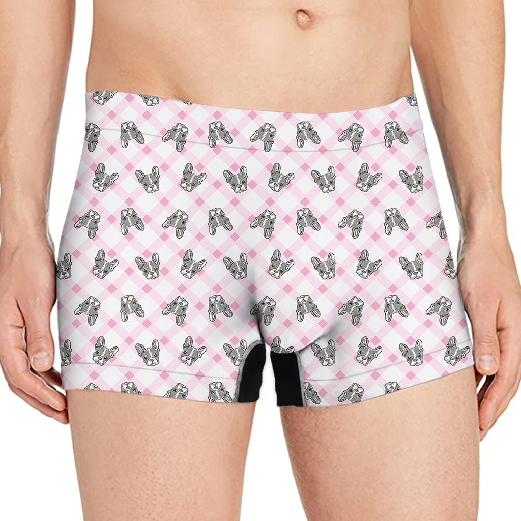 Pink Boston Terrier Plaid Print Men's Boxer Briefs