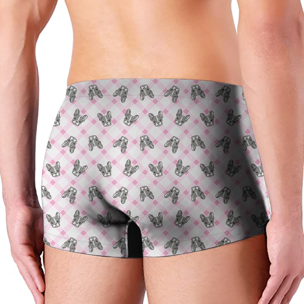 Pink Boston Terrier Plaid Print Men's Boxer Briefs