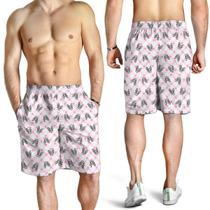 Pink Boston Terrier Plaid Print Men's Shorts