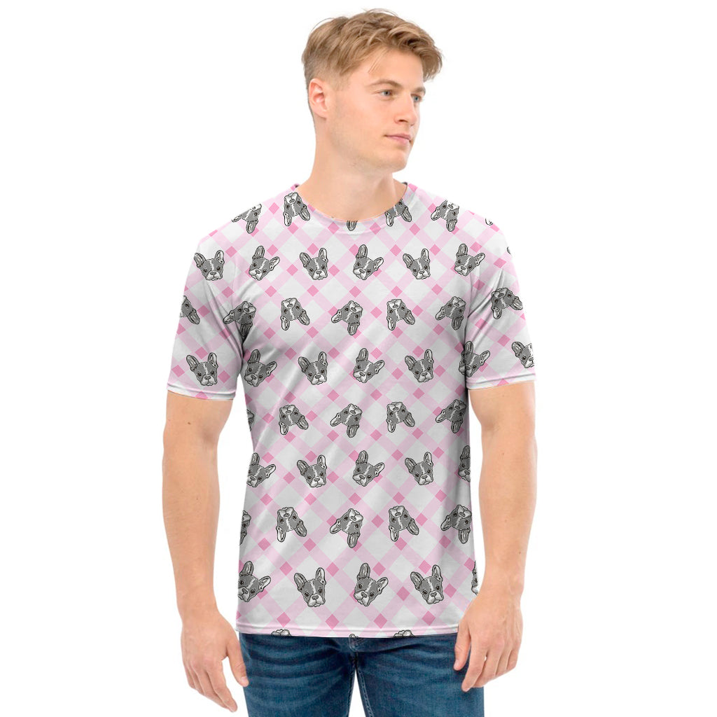 Pink Boston Terrier Plaid Print Men's T-Shirt