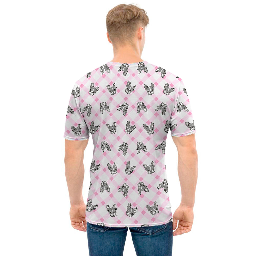 Pink Boston Terrier Plaid Print Men's T-Shirt