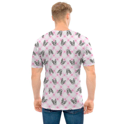 Pink Boston Terrier Plaid Print Men's T-Shirt