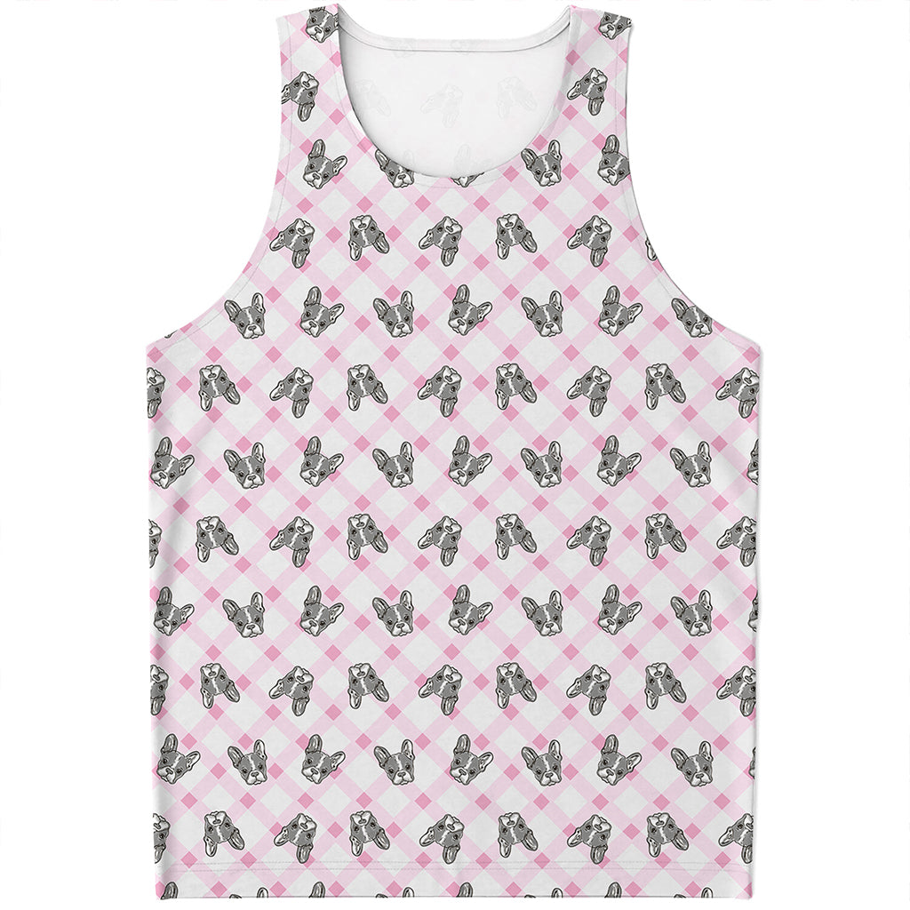 Pink Boston Terrier Plaid Print Men's Tank Top