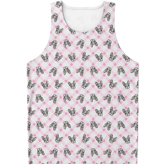 Pink Boston Terrier Plaid Print Men's Tank Top