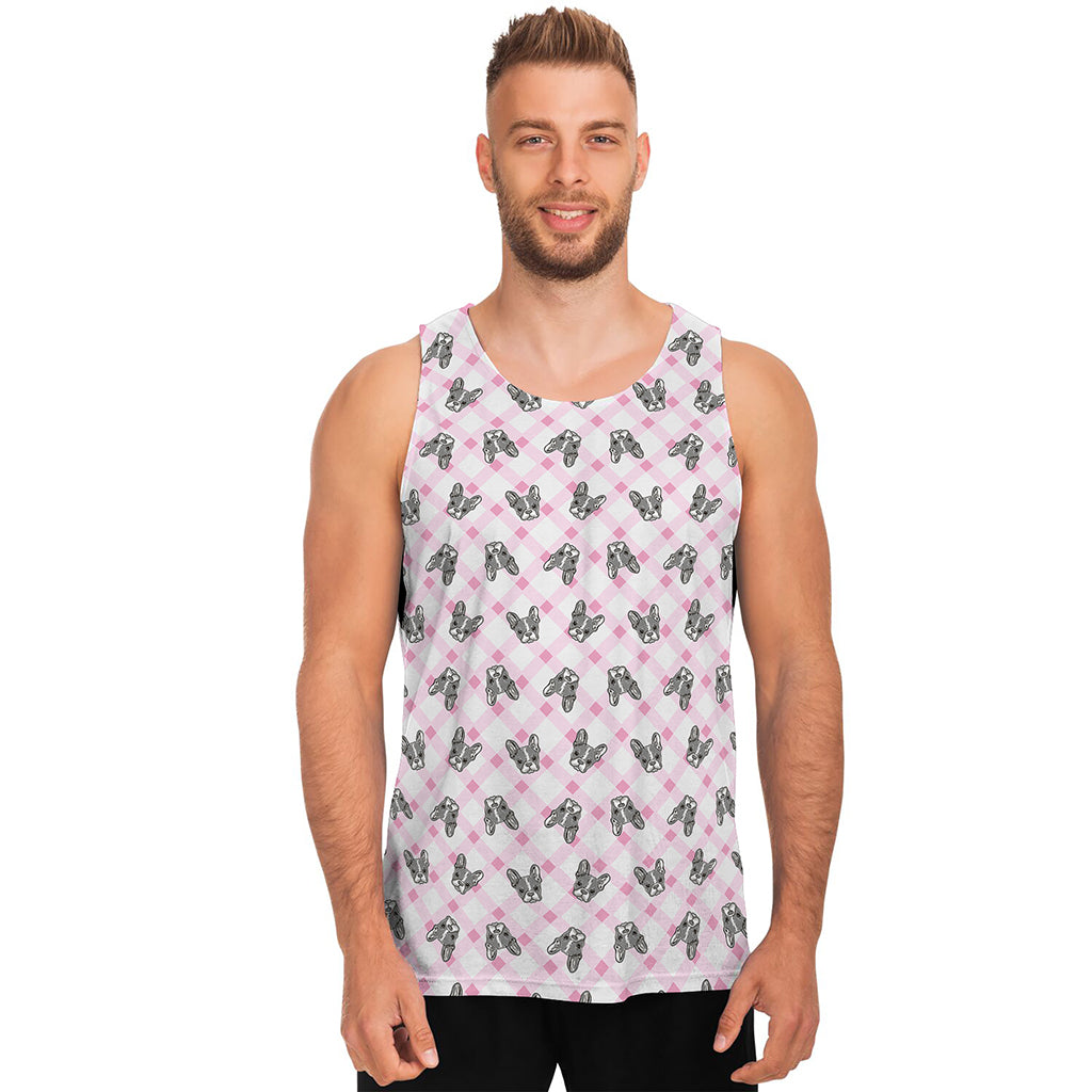 Pink Boston Terrier Plaid Print Men's Tank Top