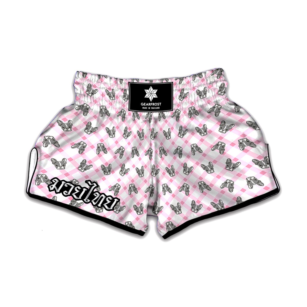 Pink Boston Terrier Plaid Print Muay Thai Boxing Shorts