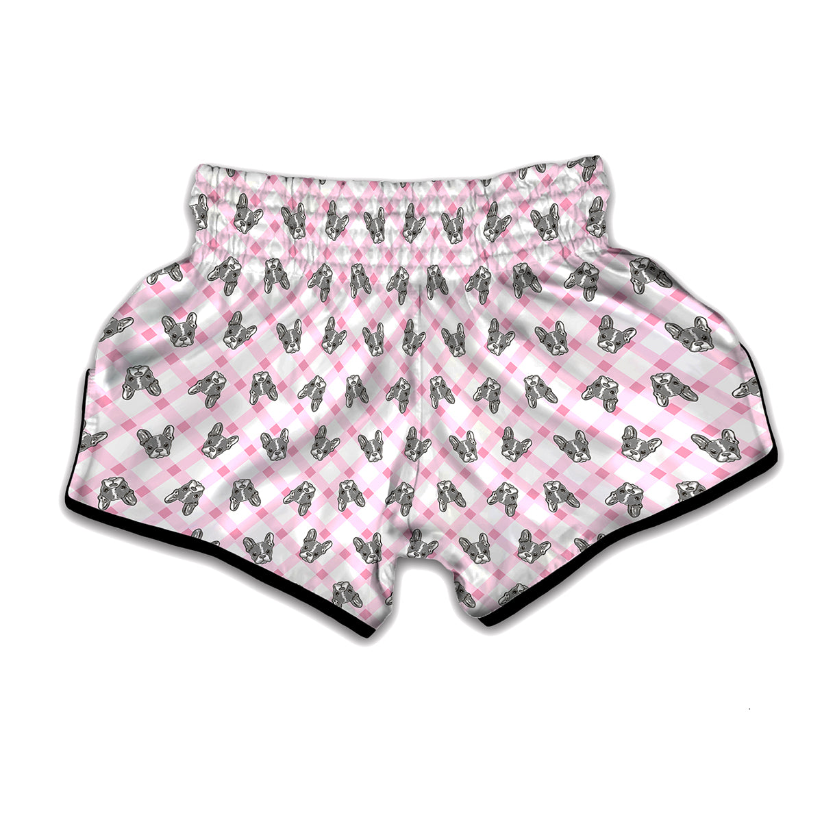 Pink Boston Terrier Plaid Print Muay Thai Boxing Shorts