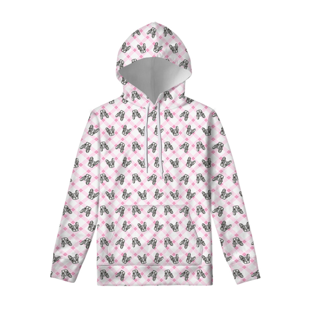 Pink Boston Terrier Plaid Print Pullover Hoodie