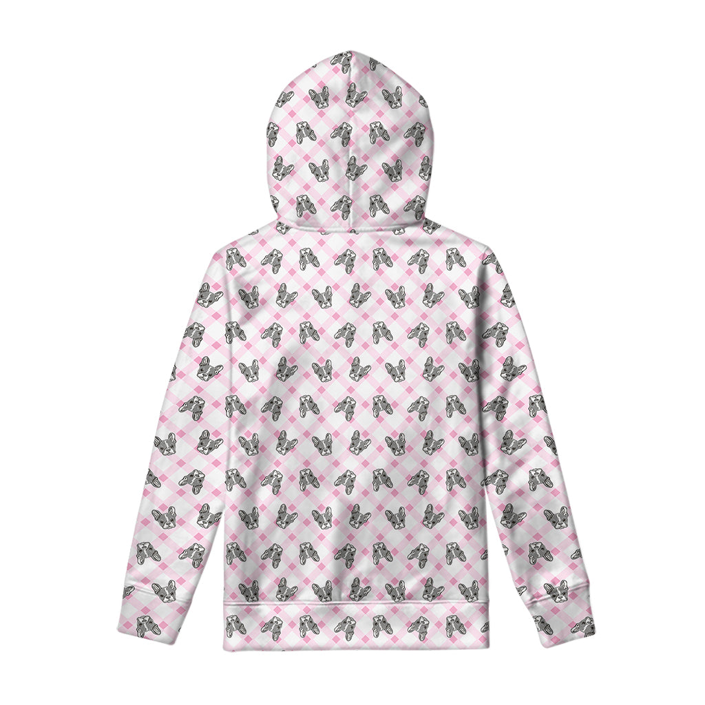 Pink Boston Terrier Plaid Print Pullover Hoodie