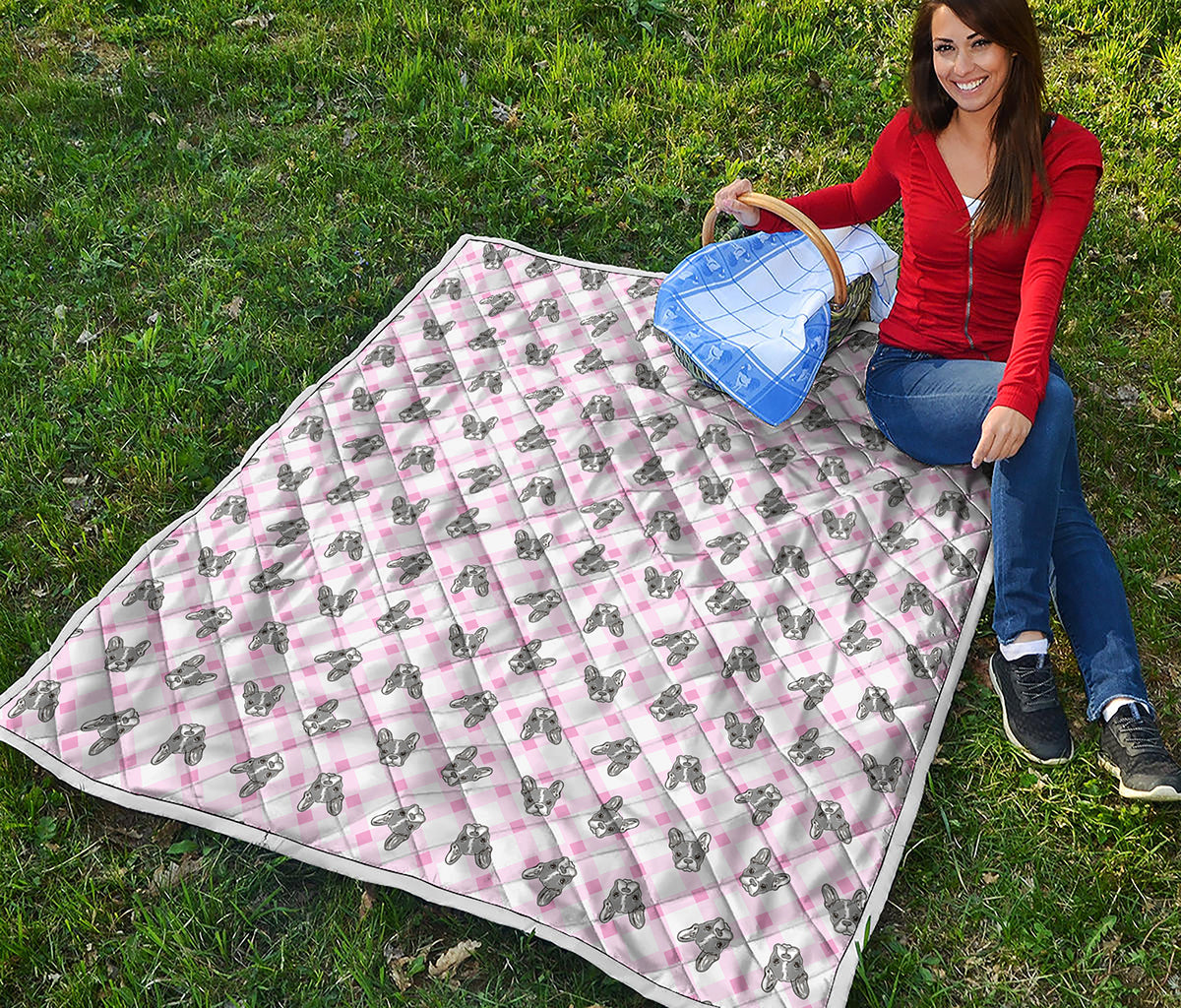 Pink Boston Terrier Plaid Print Quilt