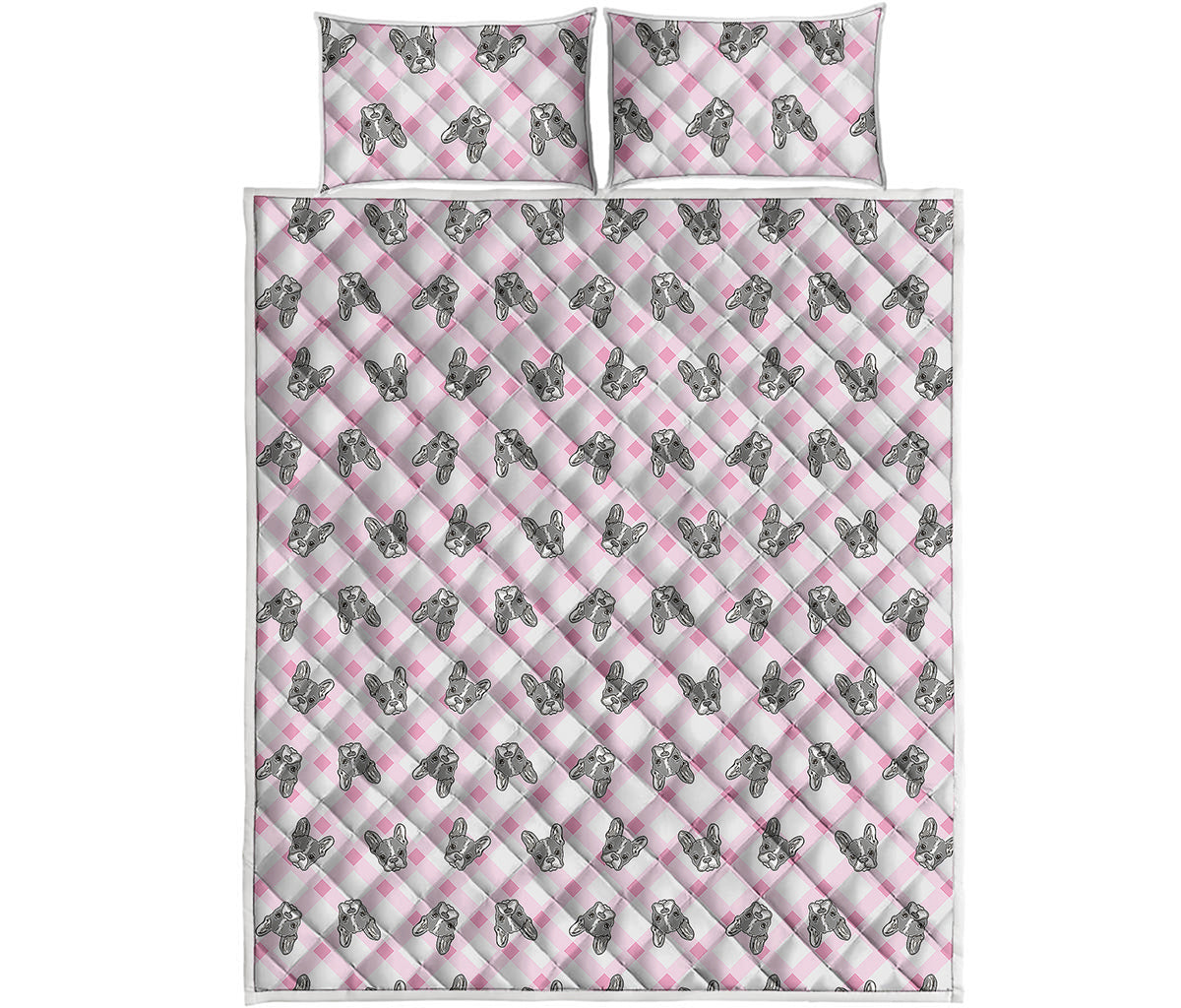 Pink Boston Terrier Plaid Print Quilt Bed Set