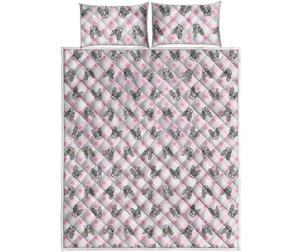 Pink Boston Terrier Plaid Print Quilt Bed Set