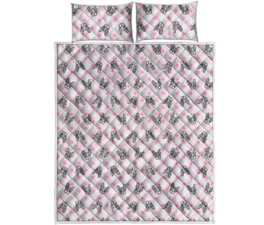 Pink Boston Terrier Plaid Print Quilt Bed Set