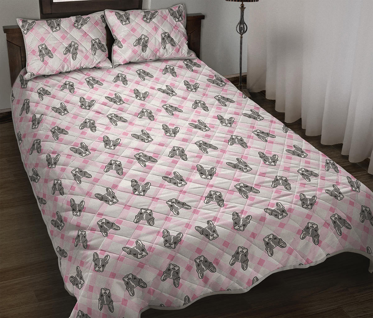 Pink Boston Terrier Plaid Print Quilt Bed Set
