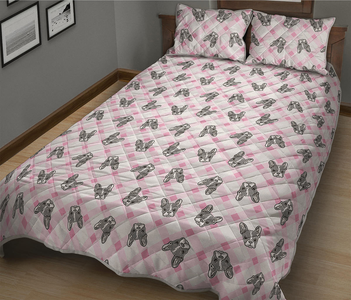 Pink Boston Terrier Plaid Print Quilt Bed Set