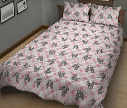 Pink Boston Terrier Plaid Print Quilt Bed Set
