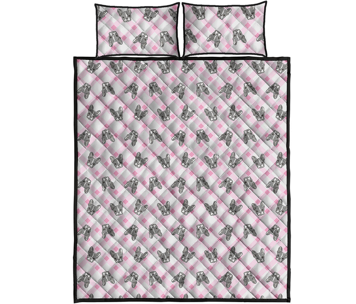 Pink Boston Terrier Plaid Print Quilt Bed Set